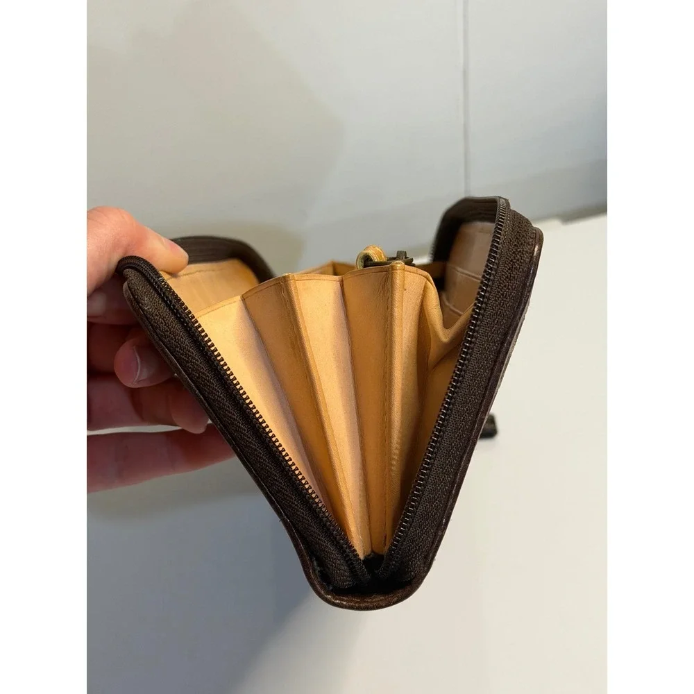 VTG Coach‎ Wallet Brown Signature Canvas Suede Trim Zip Around Accordion Clutch